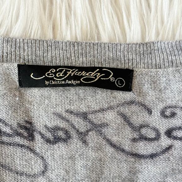 Ed Hardy Vintage Y2K Sweater by Christian Audigier Flower Bird Skull Tattoo Gray - Picture 11 of 13